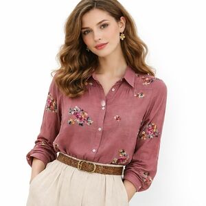 Anthropologie Fig and Flower Mauve Embroidered Collar Cottagecore Top #29